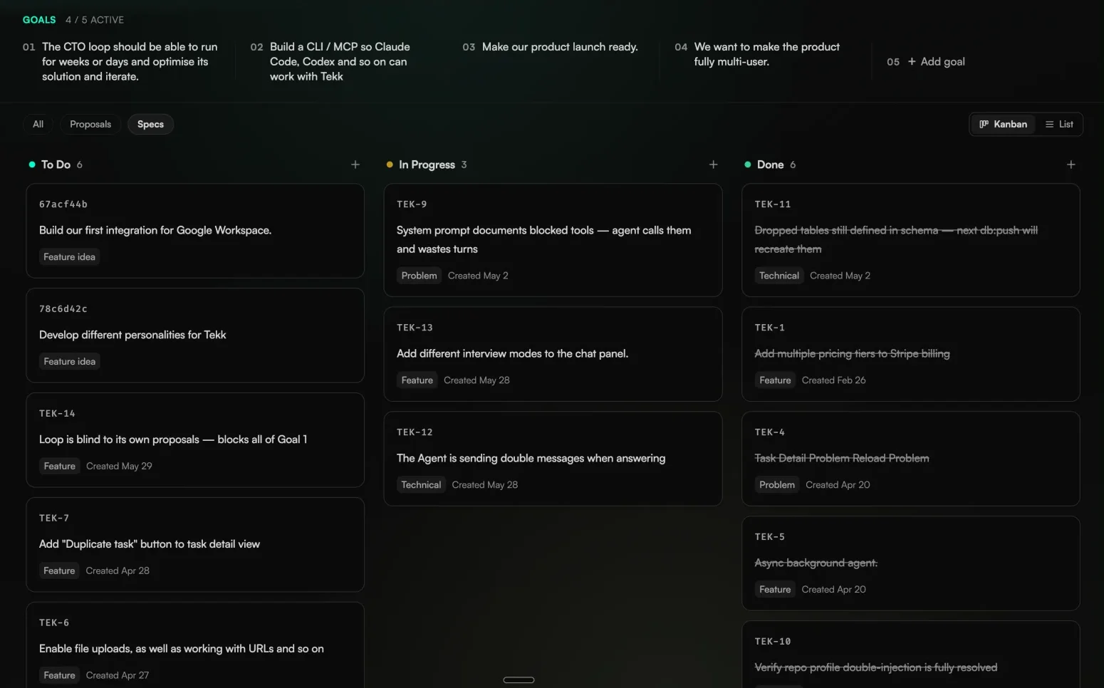 Tekk.coach board — goals above, specs in todo / in-progress / done columns